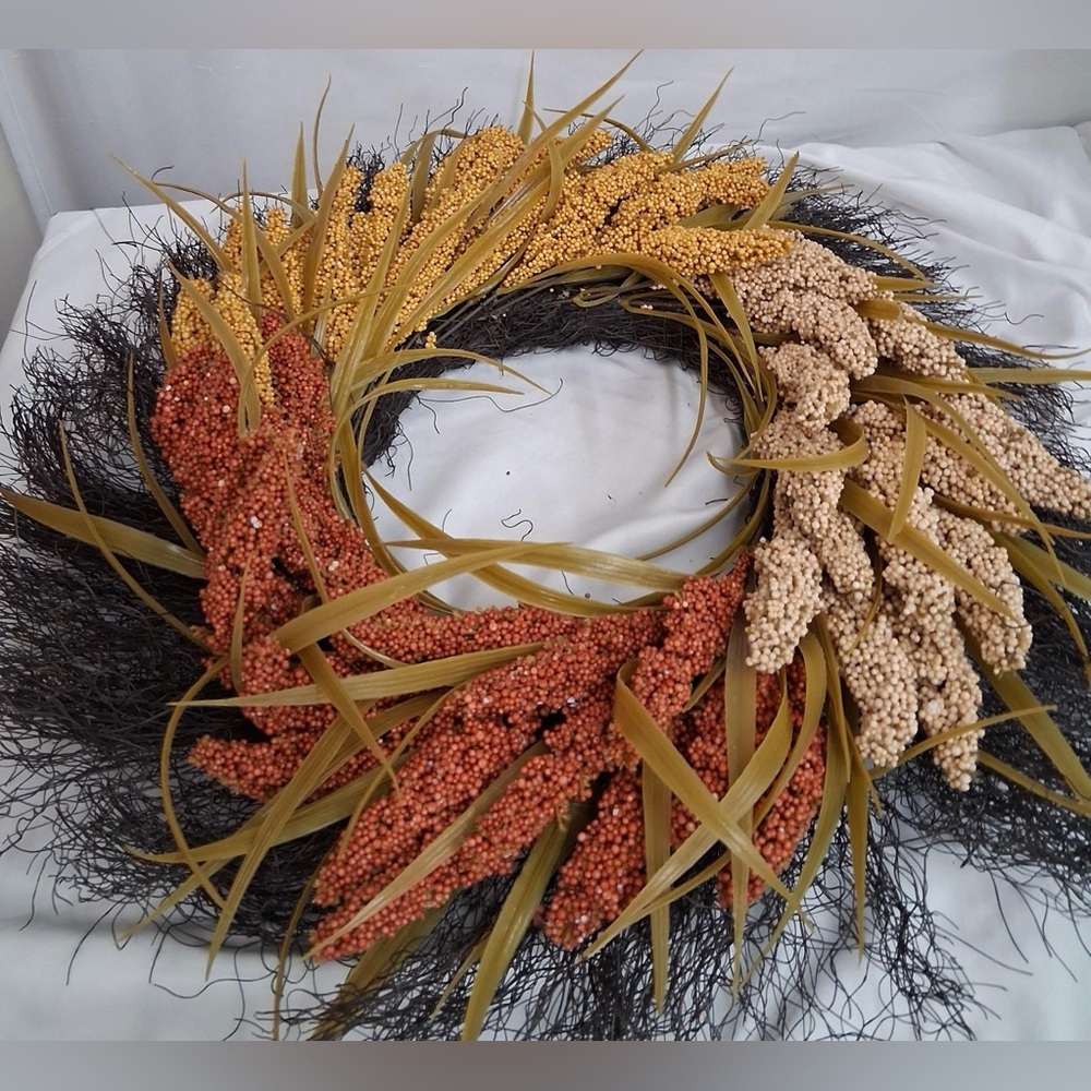 NEW Handcrafted Autumn Harvest Wreath with Multicolor Wheat Grass & Millet Fall